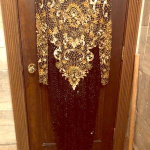 floor length gold and black beaded formal dress